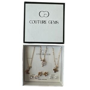 Couture Gems Gold Tone Cubic Zirconia Butterfly Clover Necklace‎ Earring Set